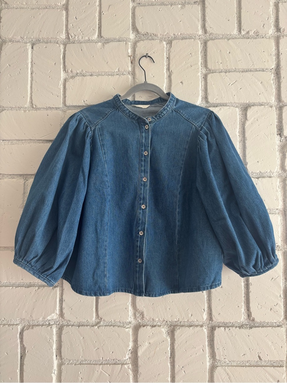 Women’s- Denim Button-Front Big Puff Sleeves Top - Blue ( The sleeves puff out)